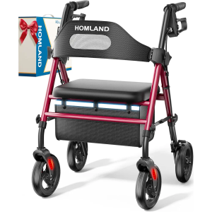 Foldable Rollator Walkers with Seat for Seniors, 8'' Big Wheels, 350 lb. Weight Capacity, Adjustable Handles and Seat Height, Lightweight Rolling Walker, Red