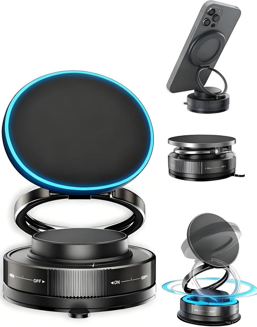 Vacuum Magnetic Car Phone Holder with Strong Magnets, 360 Adjustable Dash Cell Phone Holders, Foldabl Magsafe Car Mount with Vacuum Suction Cup for Cars/Gym/Mirror/Smooth Surface iOS Android, Black