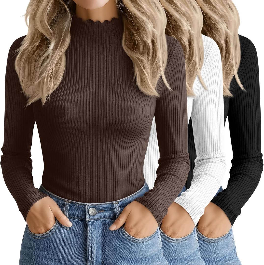 3 Pack Women's Cotton Long Sleeve Mock Turtleneck Tops Ribbed Lettuce Trim Slim Fit Shirts Thermal Base Layer (Large, Black, White, Brown)
