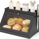 Bamboo Bread Box with Shelf for Kitchen Counter-Large Capacity Bread Storage Container with Wavy Arcylic Transparent Door Bamboo Wooden Farmhouse Bread Box for Your House (Black)