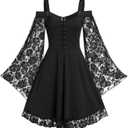 Gothic Vintage Lace Patchwork Women Dress Plus Size Goth Bandage Ladies Spaghetti Strap Dresses (Large, Black)
