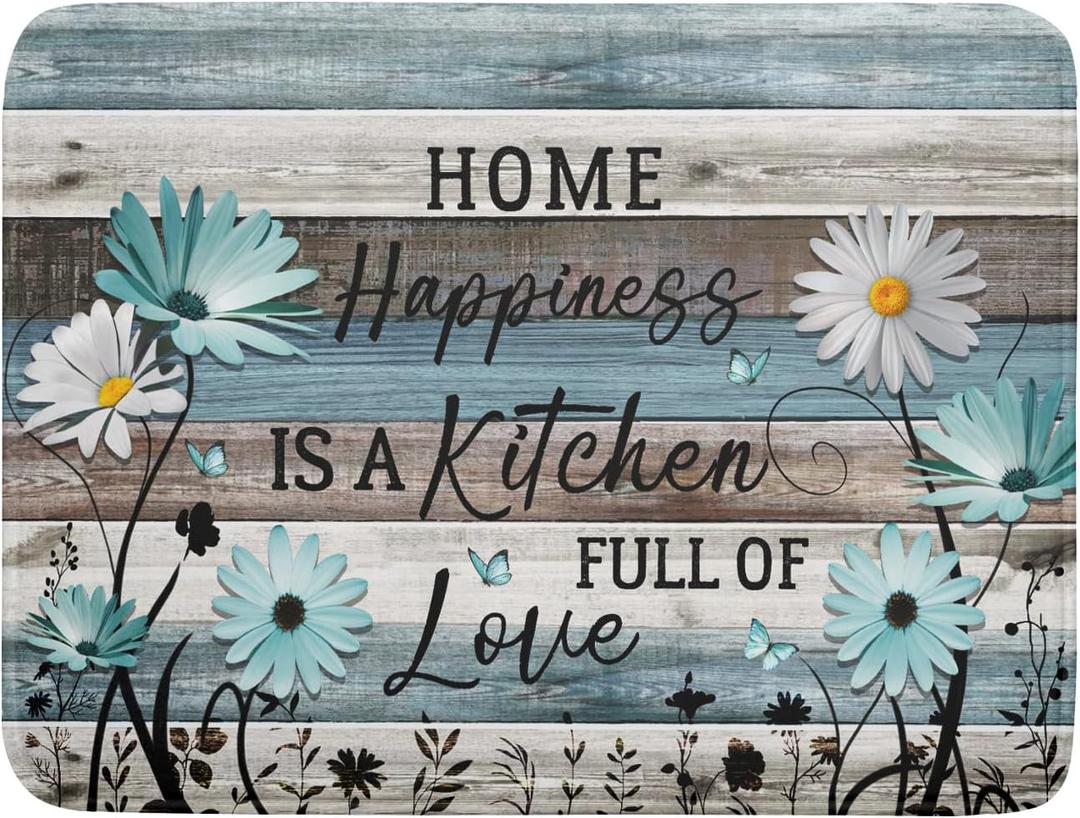 Daisy Floral Dish Drying Mat 18x24 Inches Rustic Wood Microfiber Absorbent Reversible Dish Draining Pad Fast Dry Kitchen Accessories (Home Happiness Wood)