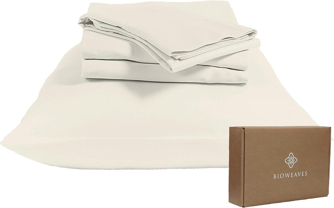 BIOWEAVES 100% Organic Cotton Sheets Queen Sateen Weave - Smooth, Soft & Silky, 300 Thread Count GOTS Certified Organic Sheets Queen with 17 Deep Pockets  4 Piece Set, Natural