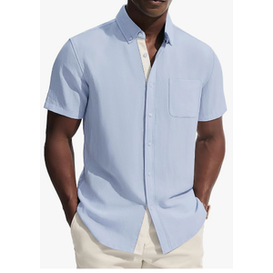 PJ PAUL JONES Mens Button Down Shirt Linen Short Sleeve Dress Shirts for Men Beach Summer Wedding Untucked Shirt 2XL