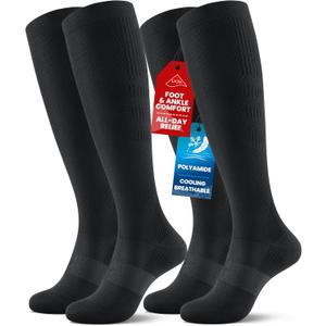 PULIOU Cooling Compression Socks for Women Men, 20-30 mmHg Circulation Knee High for Travel, Flying, Running, 2 Pairs (Black)