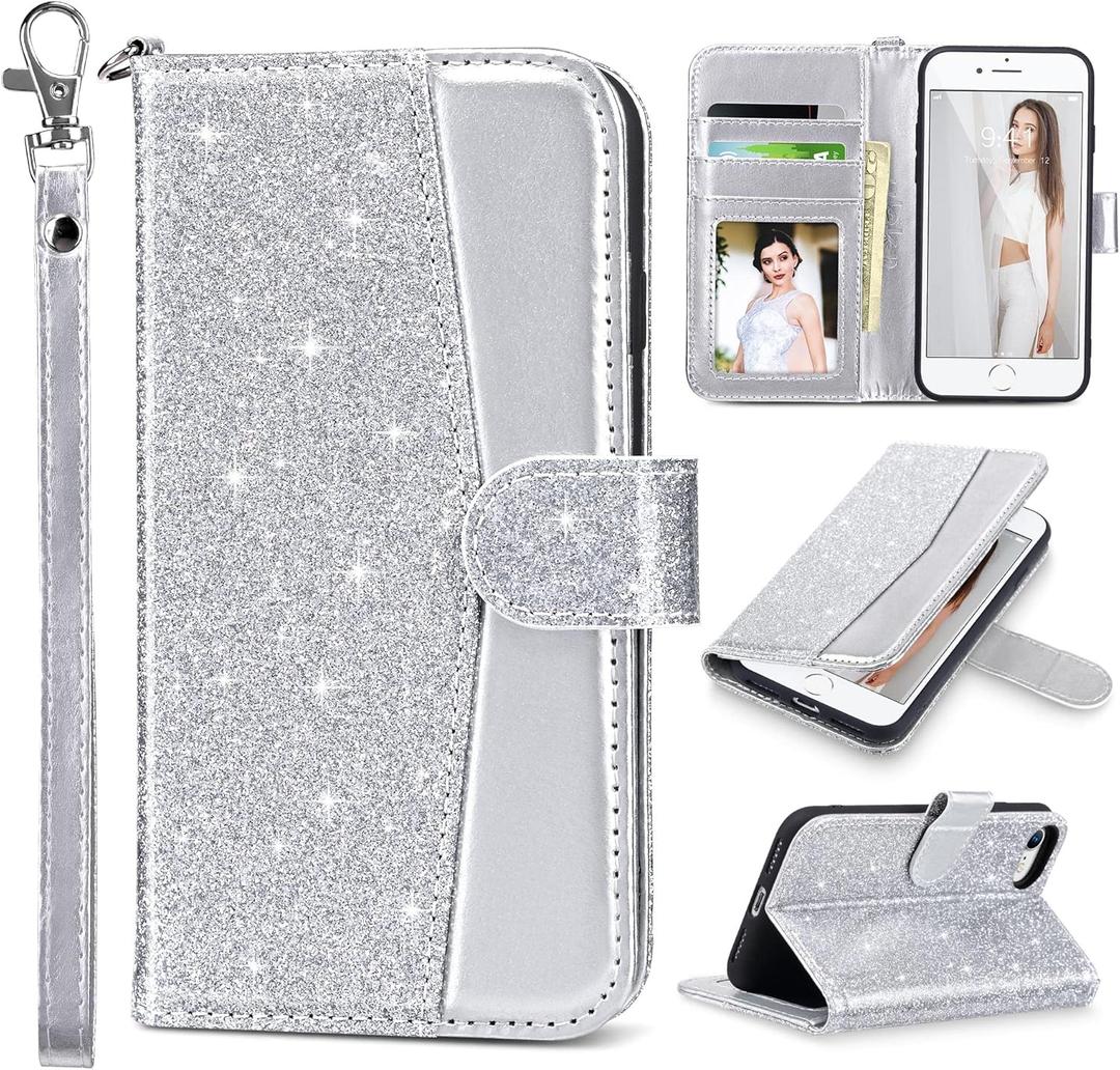 ULAK for iPhone SE 3(2022)/SE(2020)/8/7 Wallet Case with Card Holder, Premium PU Leather Flip Case with Kickstand Card Slots,Wrist Strap, Durable Shockproof Cover 4.7 Inch, Silver