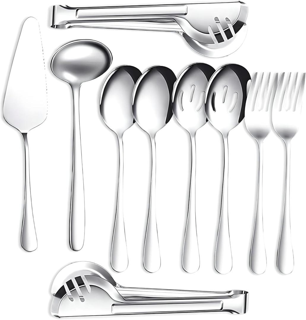 Serving Utensils Set 10 Pcs - Stainless Steel Silver Serving Utensils with Stunning Mirror-Finish - Lightweight, Rust-Resistant & Easy Maintenance - Ideal Serving Spoons for Parties & Wedding