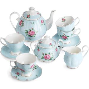 BTaT- Floral Tea Sets for Adults, 13 pcs, Service for 4, Pot (38 oz) & Cups (8 oz) with Saucers, Pastel Blue Floral Design, Porcelain Tea Set for Adult, Dishwasher Safe