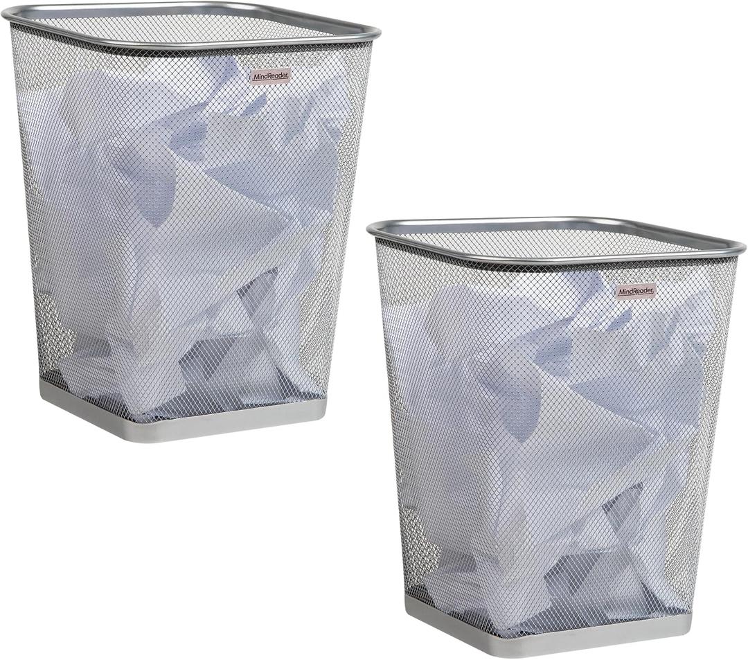 Mind Reader Mesh Trash Can, Square Wastebasket for Office or Home, 5 Gallon Capacity, Metal Mesh, Set of 2, Silver
