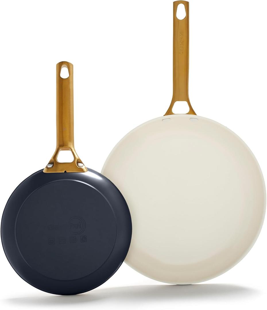 GreenPan Reserve Hard Anodized Healthy Ceramic Nonstick 8" and 10" Frying Pan Skillet Set, Gold Handle, PFAS-Free, Dishwasher Safe, Oven Safe, Twilight Blue