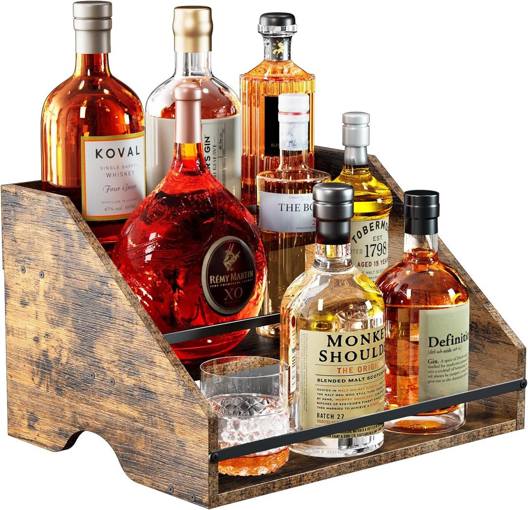 Nuovoware Liquor Bottle Display Shelf, Coffee Syrup Organizer, 3 Step Countertop Liquor Rack, Home Retro Shelf Stand for Mini Bar, Cabinet, Bar Essentials for Whiskey, Spirits, Wooden