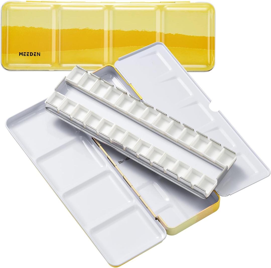 MEEDEN Empty Travel Watercolor Palette: Portable Watercolor Palette Tin with 24 Half Pans - Metal Watercolor Paint Palette Tin Box for Artist Student Adults (Yellow)