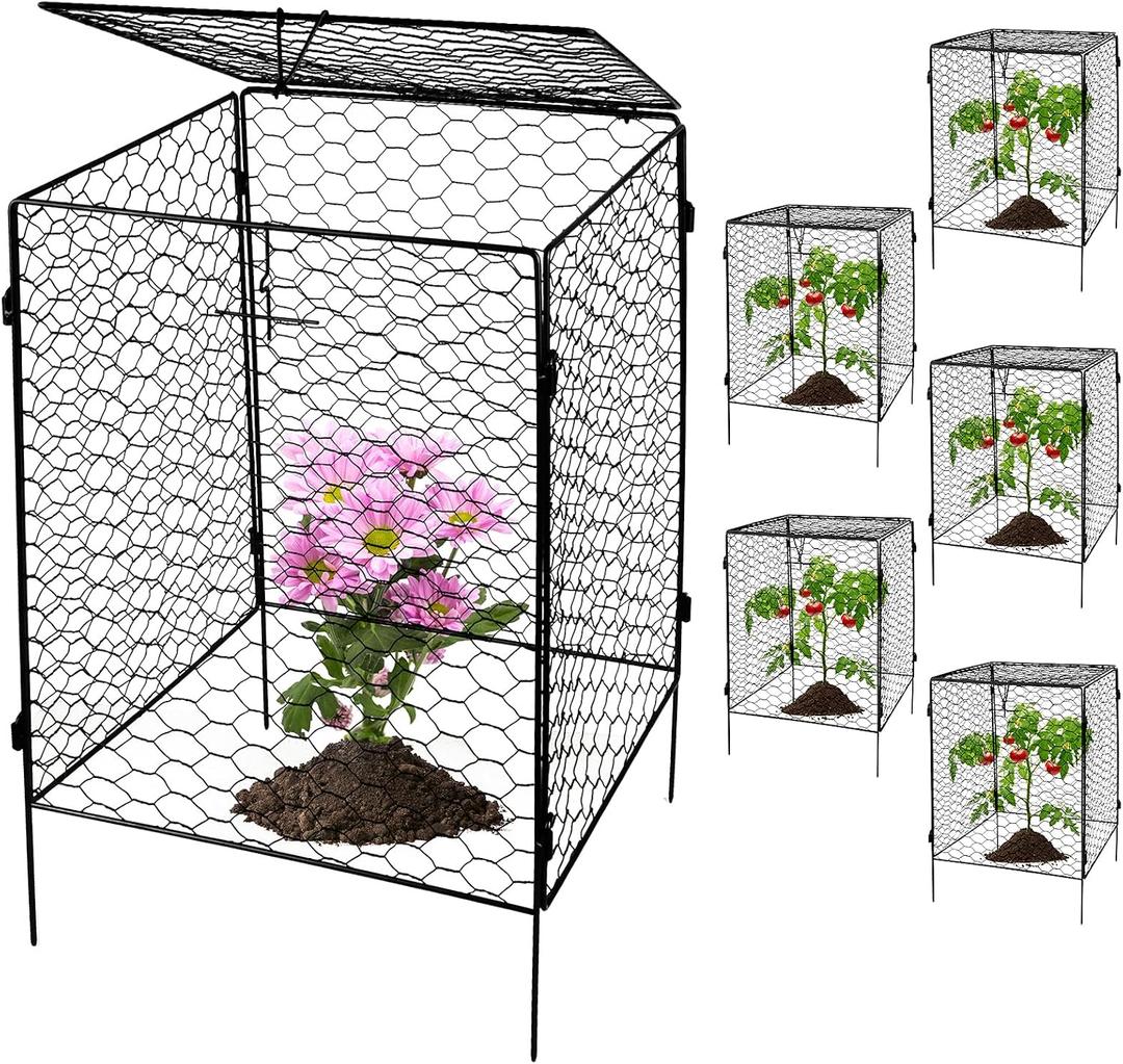 Kalolary 5 Packs Plant Protectors with Cover from Animals, 20''Large Square Wire Plant Cage Metal Garden Plant Protection Chicken Wire Cloche for Plant Flowers Vegetable (20'' x12.6''x 12'')