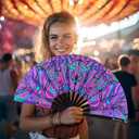 Large Folding Fan, 13 Inch Clack Rave Fan Hand Held Fan for Women Men with Premium Satin Fabric, Thick Bamboo Frame for EDM, Music Festival, Party, Dance, Decoration, Gift (Psyche Maze)
