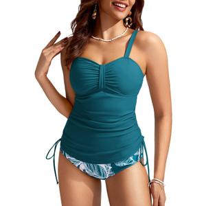 Kate Kasin Tankini Swimsuits for Women Tummy Control Bathing Suits Two Piece Ruched Drawstring Swimwear Swim Top with Bottom (Large, Peacock Blue-leaves)