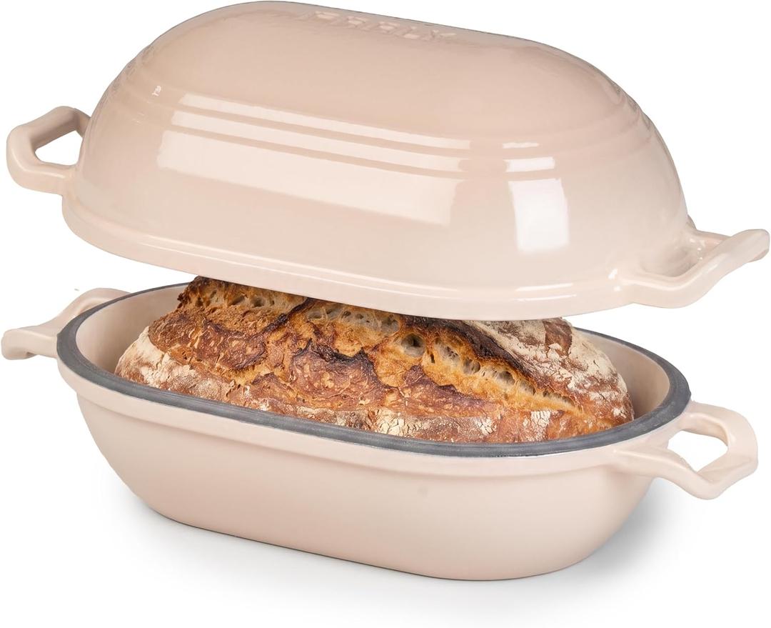 Enameled Cast Iron Dutch Oven for Sourdough Bread Baking,11 x 7 Inch Oval Cast Iron Bread Pan with Lid,Dutch Oven for Homemade Sourdough Baking,5 QT Meatloaf Pan,Oven Safe(Latte)