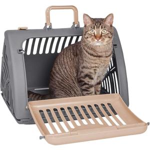 SportPet Designs Foldable Travel Cat Carrier - Front Door Plastic Collapsible Carrier, Gray and Tan, Medium (Pack of 1)
