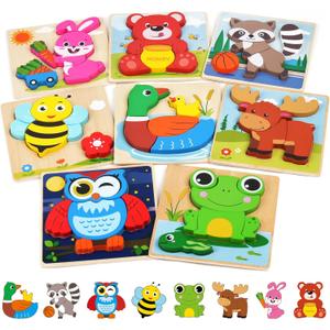 BenBen Wooden Puzzles for Toddlers 1-3, 8 Pack Animal Puzzles for Toddlers 2-4, Montessori Toys for 1 2 3 Year Old Boys Girls, Learning Educational Preschool Toys