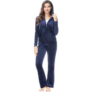ANOTHER CHOICE Velour Tracksuit Women 2 Piece Zip-Up Velvet Sweatsuits Hooded Soft Jogging Set (Large, Navy)