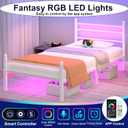 J.Fkne Twin Bed Frame with LED Lights & Charging Station, Metal Platform Bed with Headboard, Heavy Duty Metal Slats, No Box Spring Needed, Noise Free, Easy Assembly, White