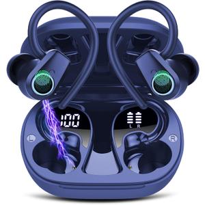 Wireless Earbuds Bluetooth 5.4 Headphones Sport, 50H Stereo Ear Buds Dual LED Display, 2025 Bluetooth Earbuds with 4 ENC Noise Canceling Mic, IP7 Waterproof Earphones with Earhooks for Running, Navy