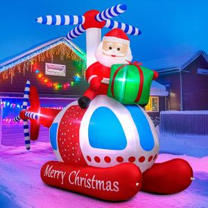 9.7 FT Christmas Inflatables Santa Helicopter Outdoor Decorations, Blow Up Santa Claus Flying Airplane with Gift Bag and Built-in LED Lights, Xmas Yard Lawn Garden Home Holiday Party Decor,  9.7 FT Helicopter
