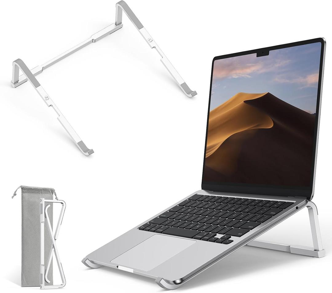 OMOTON Portable Laptop Stand for Desk, Foldable Aluminum Laptop Riser, Ergonomic Computer Stand Compatible with for MacBook Pro/Air, Dell, HP, Lenovo, 10-17.3'' (Silver)