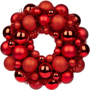 Christmas Ball Wreath 13" Xmas Wreaths Ornaments Glitter Thicken Shatterproof Garland Decoration for Door Wall Mantel Holiday Party Decor, Red