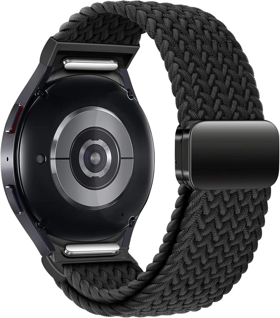 One Click Fabric Bands for Samsung Galaxy Watch 7 6 4 5 FE Band 40mm 44mm/Galaxy Watch 6 4 Classic 43mm 47mm 42mm 46mm/Watch 5 Pro 45mm,No Gap Magnetic Elastic Braided Nylon Sport Strap Men Women (20mm, Black)
