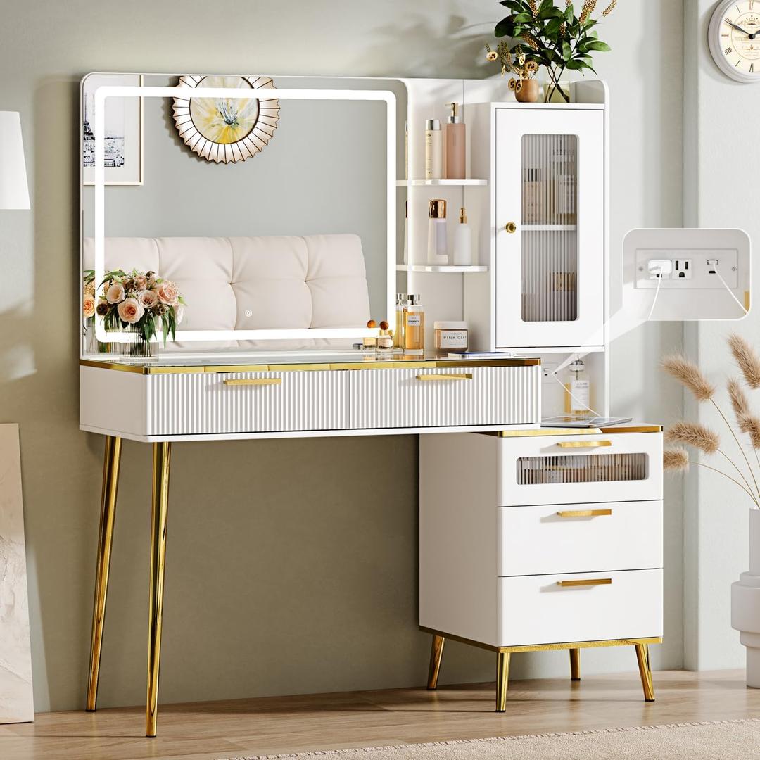 Vanity Desk with 29.53" HD Lighted Mirror, 47.24" Big Modern Vanity Desk with Mirror and Lights, Makeup Vanity with 5 Drawers and Storage Shelves and Charging Station, White1
