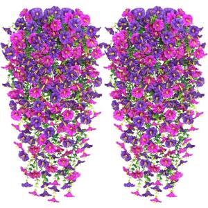 TOCHGREEN Artificial Fake Hanging Flowers Plants for Outdoor Decoration 2PCS Faux Silk Morning Glory Flowers UV Resistant Hanging Plants for Home Porch Patio Garden Decor (Purple Fuchsia, 2PCS)