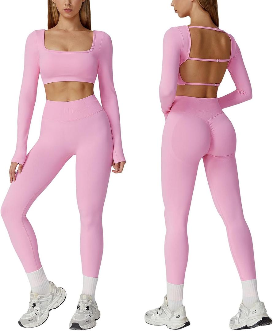 ABOCIW Workout Sets for Women 2 Piece Seamless Backless Long Sleeve Crop Top High Waisted Leggings Gym Sets (Small, Pink)