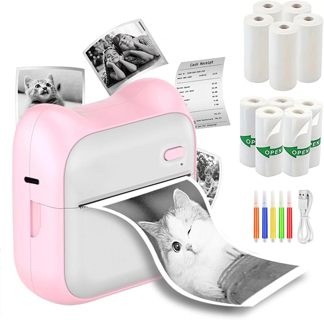 Mini Sticker Printer, Portable Thermal Printer, Inkless Pocket Maker for Study Notes, Pictures, DIY, Label, Photos, DIY, Compatible with iOS & Android