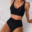 Fanuerg Women High Waisted Bikini Sets V Neck Cross Twist Front Two Piece Swimsuit Tummy Control Bathing Suit (Black, XL)