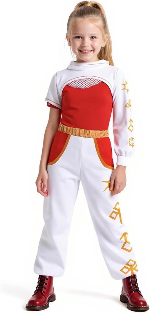 Zombie Girls Costume Kids Character Halloween Cosplay Mesh Top Pants Hooded Coat 3PCS Uniform Outfits (5-6 Years, Red)