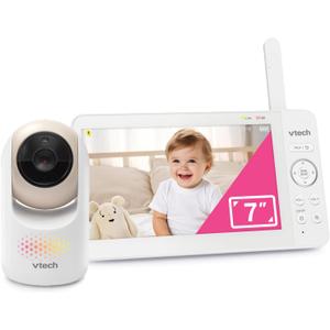 VTech Baby Monitor No WiFi, 7" IPS Screen, 5000mAh 12Hr Battery, 360° Pan Tilt Zoom, Night Vision, Multi-Color Night Light, 2-Way Talk| Advanced Max Tan
