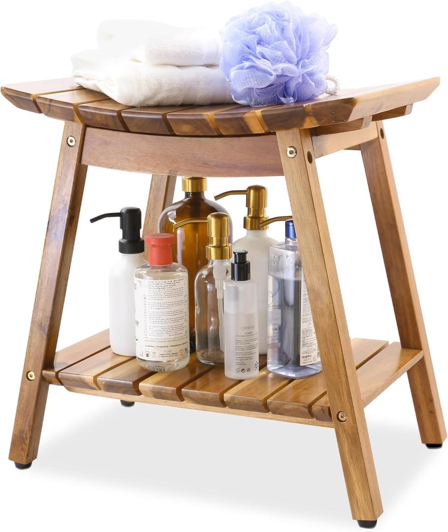 Acacia Shower Stool Bench for Inside Shower to sit on, 18 Inches Shower Chair with Shelf for Shaving Legs, Spa, Bath Seat, Waterproof Inside Shower Bench for Adults Seniors Elderly (18 in with Shelf)