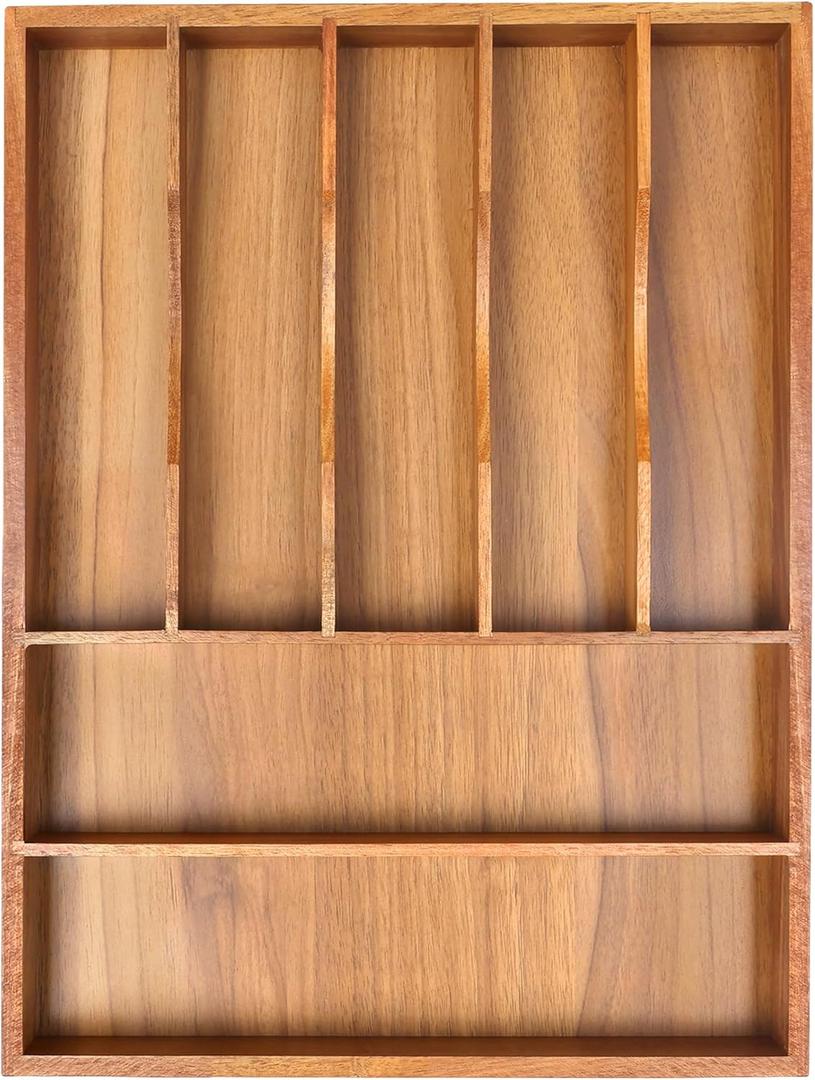 Bellsal Bamboo Silverware Organizer, 12"x15.7" Utensil Holder Cutlery Tray with Grooved Drawer Dividers for Kitchen Flatware, Bedroom, Office (7 Slot, Acacia)