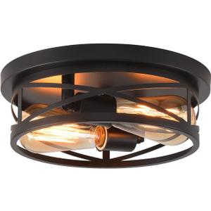 Black Flush Mount Ceiling Light, Hallway Light Ceiling Mount,I ndustrial Vintage Metal Cage Close to Ceiling Lights for Kitchen, Farmhouse, Bedroom