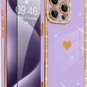 for iPhone 15 Pro Case Cute Love Heart Plating for Women, with Screen Protector, Glitter Sparkle Rhinestone Diamond Border Design Slim Rectangle Wireless Protection Case Cover, Purple