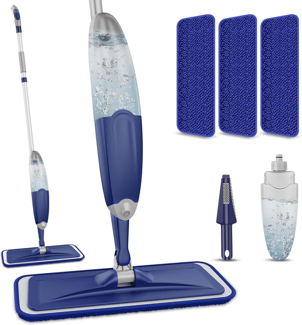 Microfiber Spray Mop for Floors Cleaning: Wet Dry Hardwood Floor Mops with 3 Washable Pads for Swiffer Powermop - Flat Mop with Sprayer for Tile Wood Laminate Vinyl Marble Floor (22.4 oz(635ML) Blue Mop)