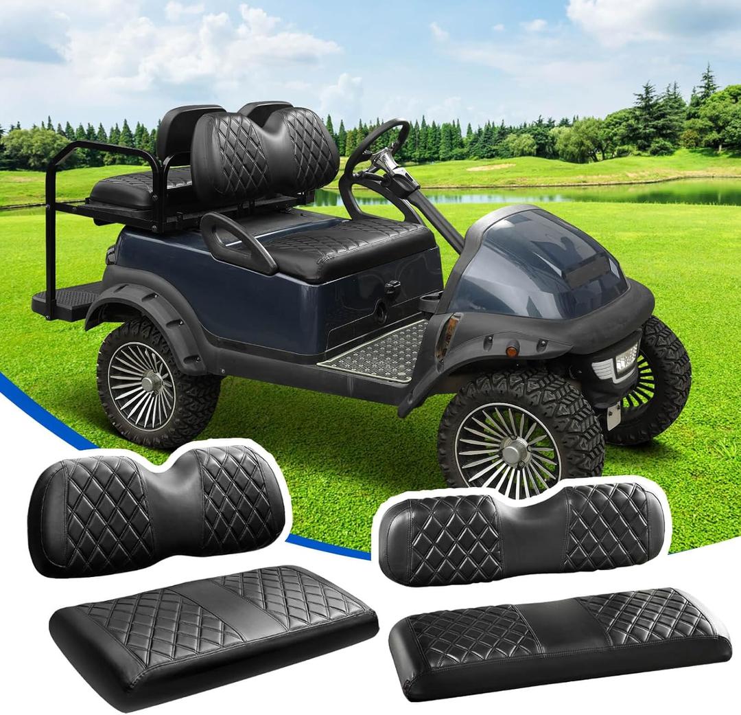 NOKINS 4PCS Golf Cart Seat Covers Kit, Front and Rear Seat Covers Fits Club Car Precedent Original Regular Seat Cushion, Club Car Vinyl Seat Covers Accessories, No Staples(Black&Black Stitch) (Fits Club Car Precedent Front and Rear)