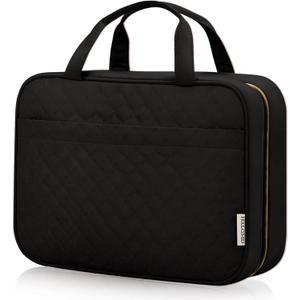 Travel Size Toiletry Bag for Women, Portable Cosmetic Bag with Hanging Hook, Travel Essentials Water-resistant Makeup Organizer for Accessories, Shampoo, Full-size Container, Toiletries (Medium, Black)