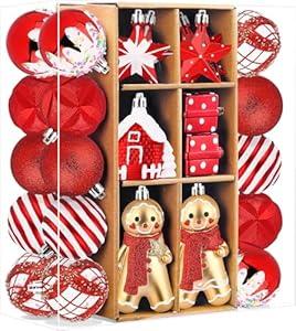 SHareconn 65pcs Christmas Tree Ornaments Set, Shatterproof Christmas Gingerbread Man Balls Bulk Gift Boxes, Hanging Plastic Decorative Baubles for Xmas Trees Decorations, Holiday Party, Red White (65CT) (Designs May Vary)