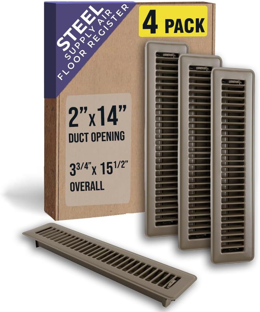 [4 Pack] Fits 2x14 and 14x2 Duct Opening | Floor Register with Louvered Design by Handua | Heavy Duty Walkable Design with Damper | Floor Vent Grille | Easy to Adjust Air Supply Lever | Brown