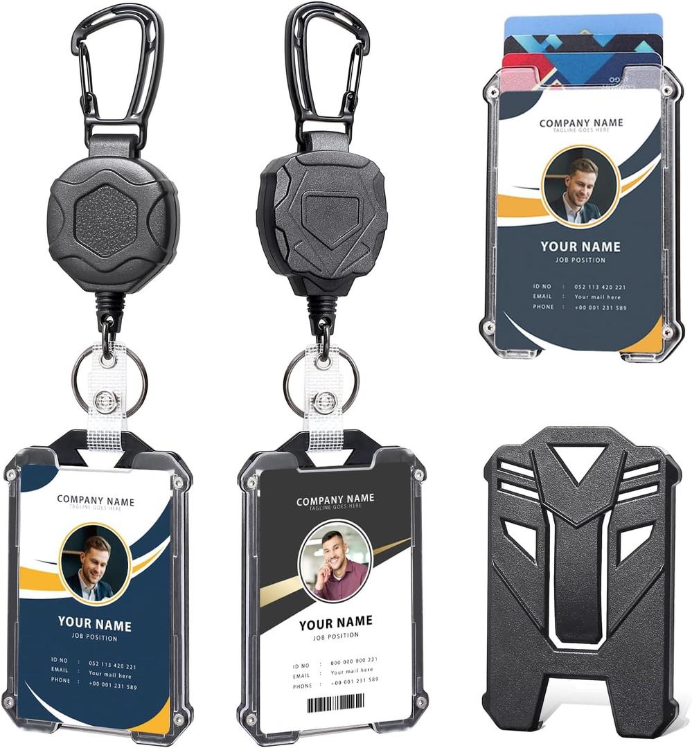 Badge Holder Retractable Clip Heavy Duty Carabiner Badge Reel Keychain with Lanyard ID Cards Holder Cool Tactical ID Holder (2 Holders and 2 Badge Reels Black # 01)