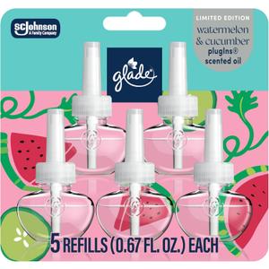 Glade PlugIns Refills Air Freshener, Watermelon & Cucumber, Scented and Essential Oils for Home and Bathroom, 0.67 Fl Oz, 5 Count
