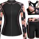 Daci Women 3 Piece Rash Guard - 3PC Long Sleeve Zip up Swim Shirt Sports Bra Modest Swimsuit with Shorts, Medium, Orange Floral 