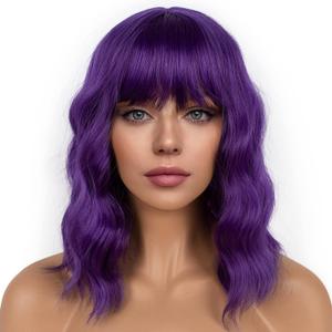 Dark Green Short Bob Wigs with Bangs for Women Loose Wavy Wig Curly Wavy Shoulder Length Bob Synthetic Cosplay Wig for Girl Colorful Costume Wigs, Dark Purple