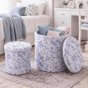 Geetery 2 Pcs Dorm Ottoman with Storage Set Blue Floral Ottoman, 15 inches, 12 inches